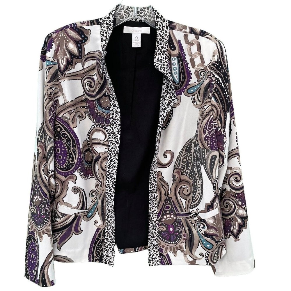 Chicos 0 Purple Brown Paisley Open Front Jacket Blazer Leopard Trim Womens 4/S